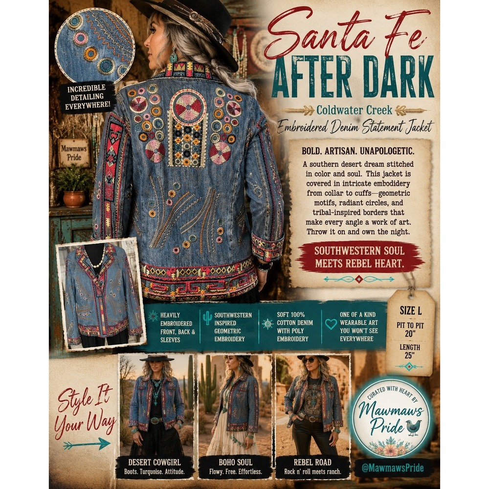 🔥 SANTA FE AFTER DARK | Coldwater Creek Embroidered Denim Statement Jacket L